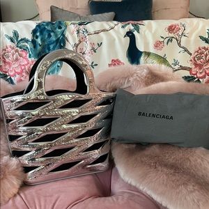BALENCIAGA Silver Leather Neo Basket Embossed Cut Out Small Crossbody Bag